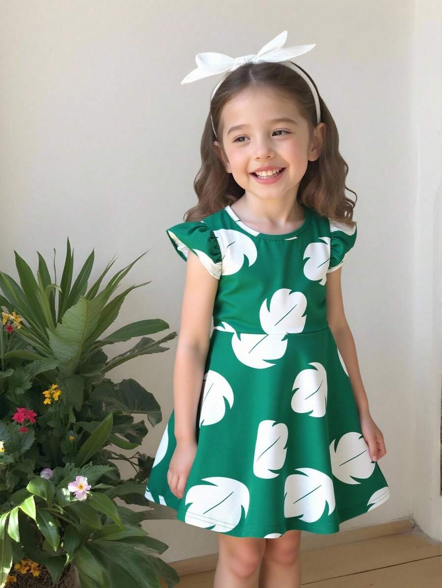 Vestido de cintura alta con estampado floral todo sobre todo, volantes en las mangas para el estilo de vacaciones de verano - Verde - Ver 1