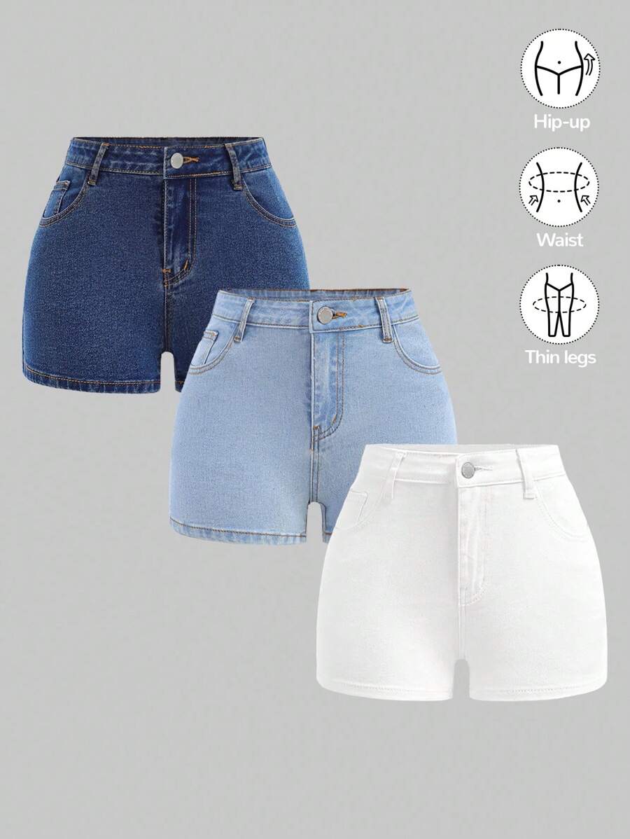 SHEIN Girlism Teen Girl Y2K Spring Summer Break Solid Light Washed 3 Pcs Low Waist Slanted Pocket Denim Mini Shorts, Brunch,Beach Vacation,Country Concert Festival, School, Campus, College - Multicolor - View 1