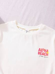 Set de 2 piezas para niñas preadolescentes: Camiseta corta estampada con la palabra "ALOHA" + Pantalones cortos de playa con contraste, conjunto informal y deportivo de corte holgado