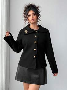 Elenzga Abrigo corto de lana de ajuste ceñido con broche de solapa y accesorios para mujer de talla grande