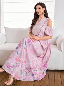 Al Najma Vestido holgado de estilo árabe con estampado floral, manga corta y hombros descubiertos