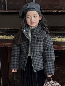 DAZY 少女格纹高领拉链开襟冬季外套 - 黑色 - 查看 3