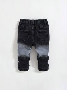 SHEIN Quần jeans đen co giãn cao cấp, bạc màu, rách tua rua thời trang cho bé trai, thích hợp mặc ngoài trời và hàng ngày vào mùa thu/đông. - màu đen - Xem 2