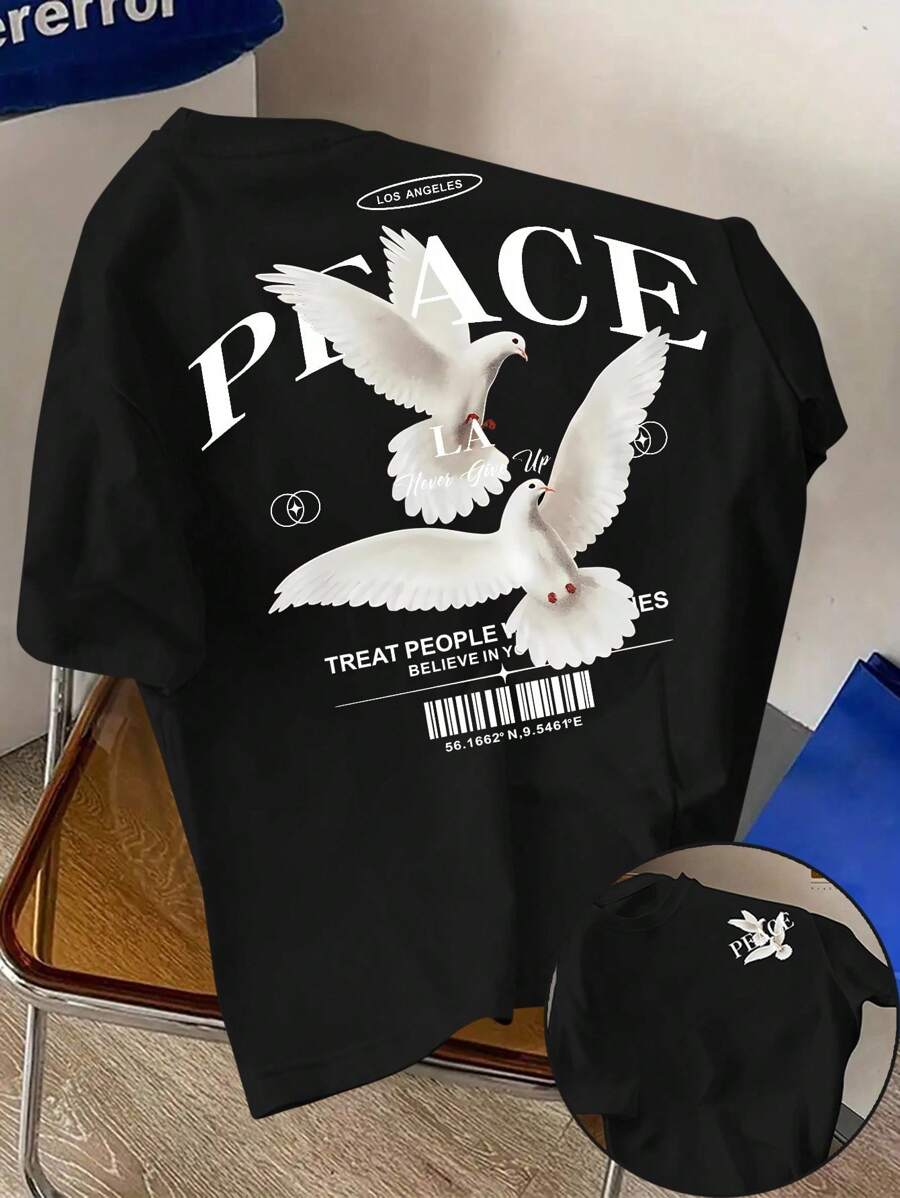 Manfinity Dauomo Men's Casual Street Fashion Black Loose Fit T-Shirt With Pigeon & Letter Print, Summer