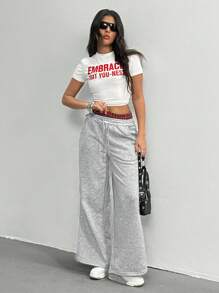 SHEIN Teen Girls Elastic Waist Drawstring Pocket Casual Wide Leg Loose Pants, Summer - Light Grey - View 4