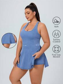 SHEIN Essnce فستان كامي بأسلوب أزياء رياضية مرنة عالية من الجينز المحبوك، مقاس كبير للنساء