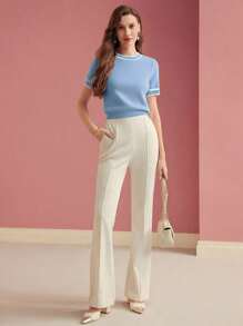 MOTF PREMIUM CONTRAST BINDING SHORT SLEEVE WIDE HEM KNIT TOP KNIT PULLOVER FALL WINTER - Baby Blue - View 5