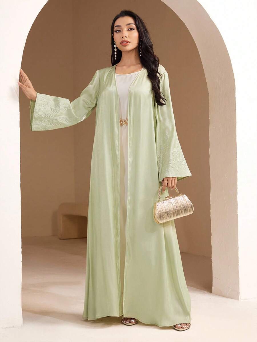 Veilorie Áo choàng Abaya Ả Rập rộng rãi hở phía trước thêu lá thanh lịch cho nữ - Màu xanh Bạc hà - Xem 1