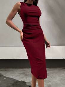 SHEIN Vestido largo de mujer con escote redondo, sin mangas, con lazo en el hombro y recogido lateral, en unicolor