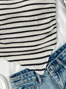 SHEIN Teen Girls Black & White Striped Knit Textured Asymmetric Waist Cinched Camisole Top, Vacation Wear Striped Teen Top Black And White Striped Top One Shoulder Top Teen Teen Girl Summer Tops Knit Top Teen
