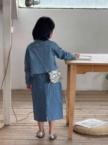 DENIMLY Kleine Mädchen BOHO GLAMOURÖSE DIAMANT BÜGEL DETAILS CROP Denim Jacke UND MITTEL Denim Rock JEANS Zwei Teile SET, UND SCHICK.