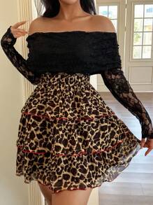 Cravure Plus Size Women's New Layered Ruffle Hem Loose Leopard Print Mini Skirt