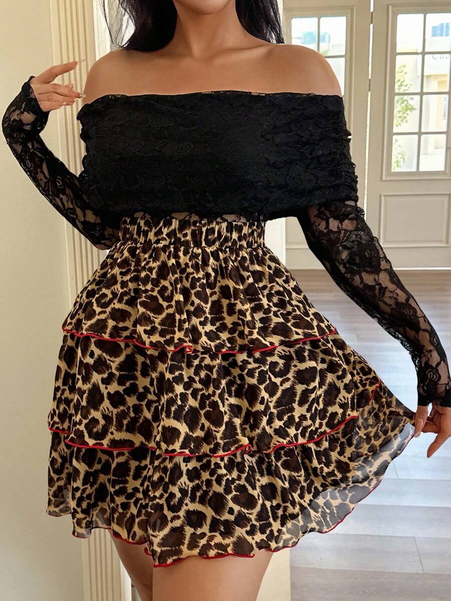 Cravure Plus Size Women's New Layered Ruffle Hem Loose Leopard Print Mini Skirt - Multicolor - View 1