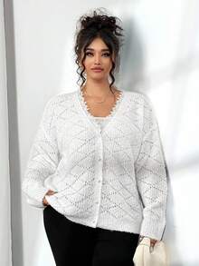 Elenzga Plus Size Elegant Delicate Lace Button-Up Cardigan Fall Winter Cloth For Women Autumn - White - View 1