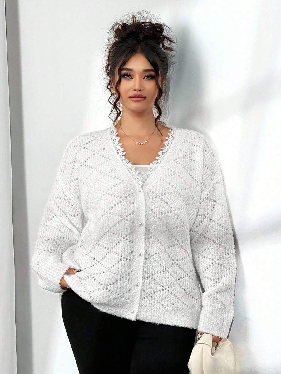Elenzga Plus Size Elegant Delicate Lace Button-Up Cardigan Fall Winter Cloth For Women Autumn - White - View 1