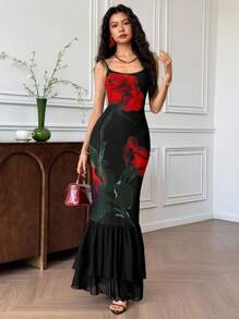 EastFlair 花卉印花修身优雅女士细肩带连衣裙 - 黑色 - 查看 2