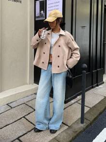 Muchica Women's Casual Solid Color Double Breasted A-Line Wind Jacket, Spring/Autumn - Khaki - View 4