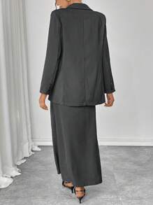 Chiquease Women's Business Style Solid Color Blazer Jacket & High Slit Skirt Suit Set, Suitable For Commute Fall Cloth For Women - Dark Grey - View 2