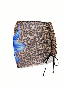 SHEIN Swim 2pcs Women's Leopard & Floral Print Kimono & Mini Skirt Set, Random Print For Summer Beach Vacation - Blue - View 3