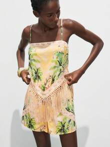 Maija 2 件套女士夏季度假风格热带印花流苏下摆吊带背心和短裤套装乡村音乐会服装奶油黄海滩度假服装女士度假服装波西米亚风女装波西米亚风女装