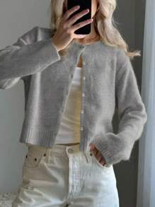 INAWLY Women's Casual Solid Color V-Neck Cropped Cardigan, Spring/Autumn,Long Sleeve Tops Fall Winter Cloth For Women - Grey - View 3