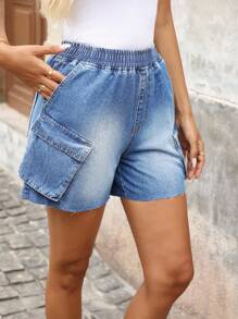 EMERY ROSE Mature Denim Women Casual Washed Denim Cargo Shorts, Summer - Blue - View 4