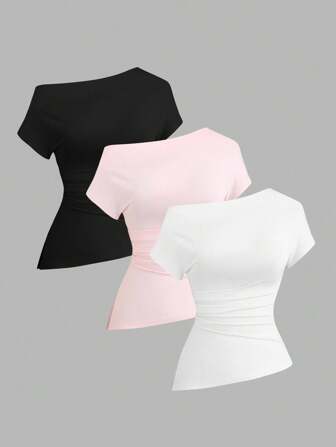 Sweetra Women Casual Asymmetric Shoulder Loose Comfortable T-Shirt