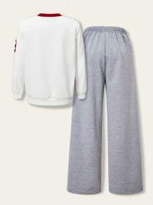 SHEIN Set da 2 pezzi Stile universitario casual: top a maniche corte con scollo a V e spalle scoperte e pantaloni larghi lunghi per ragazze adolescenti