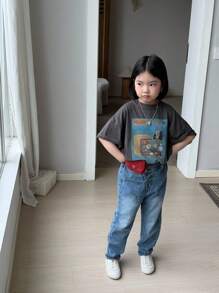 SHEIN Young Girl 4-Piece Set Barrel Baggy Jeans, Asymmetric Elastic Waistband, Button Closure, Casual Simple All-Match College Style, Versatile Must-Have For Moms All Year Round - Multicolor - View 9