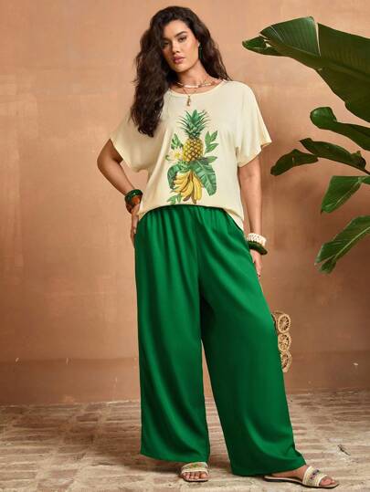 The White Lotus SHEIN VCAY Conjunto de 2 piezas de talla grande para mujer con camiseta de manga corta de cuello redondo casual de vacaciones y pantalones anchos con cordón en la cintura