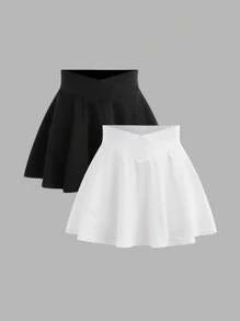 SHEIN Conjunto de 2 piezas de falda deportiva con forro de shorts para niñas preadolescentes, negro y blanco, compra 1 y llévate 1, moda deportiva casual y versátil