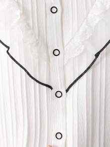 Young Girl Casual Daily Ruffled Textural Front Button Shirt - White - View 6