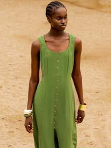 Lumivelle 女士夏季度假亚麻方领修身长裙 - 綠色 - 查看 5