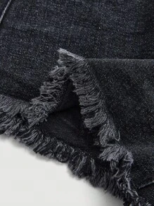 SHEIN PETITE 夏季休闲水洗刺绣牛仔短裤 - 黑色 - 查看 4