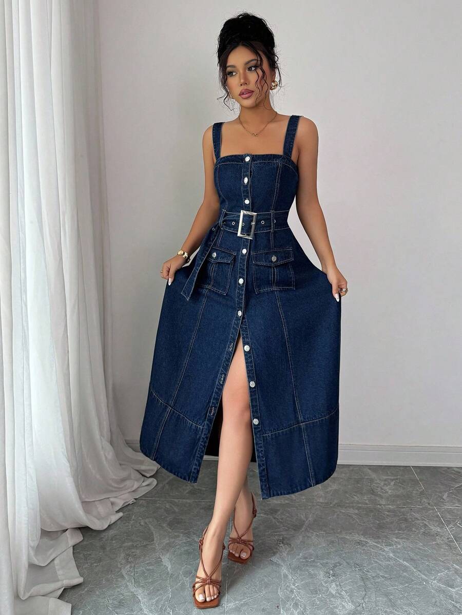 Elenzga Vestido de mezclilla casual de verano con bolsillo de moda callejera, cierre de hebilla y correa de un solo pecho para mujer