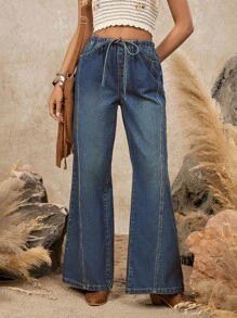 LanaWest 女式休闲日常水洗抽绳腰阔腿牛仔裤 - 深色水洗藍 - 查看 7