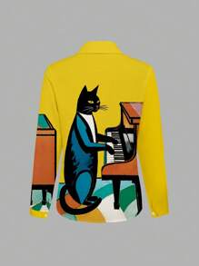 INAWLY Camisa de manga larga con estampado de gato y piano, de estilo casual de calle, adecuada para primavera/otoño