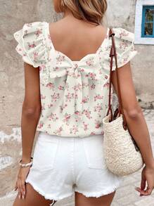 SHEIN LUNE Women's Casual Ditsy Floral Bow Back Ruffled Short Cap Sleeve Shirt, Suitable For Spring/Summer Everyday, Vacation, Ditsy Floral Suitable For Going Out