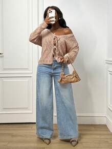 Slaydiva 2025 New Oatmeal Textured Knit V-Neck Tie Front Cardigan, Suitable For Music Festivals, Easter, St. Patrick's Day, Western, Nomadic, Birthday Party, Graduation, Casual, Vacation, Cruise, Street Fashion, Minimalist Autumn Winter Clothes For Women - Apricot - View 6