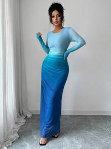 Breezaya 女士网纱泡泡袖渐变褶皱修身连衣裙，休闲百搭，适合日常穿着、海滩、居家、办公等场合，长款连衣裙风格，可打造派对休闲造型，春季大学校园秋季女装。