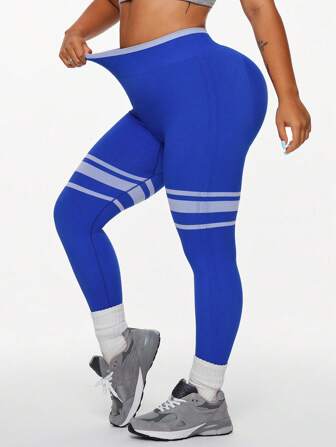 SHEIN Sports Plusstorlekar damsportleggings och byxor i blått och vitt randigt