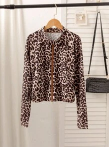 Teen Girl Leopard Print Zipper Front Short Jacket - Multicolor - View 3