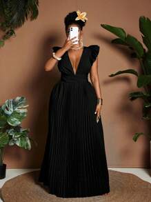 Maweii Robe élégante à encolure en V, manches courtes, taille froncée et dos nu pour grandes tailles - Noir - Voir 4