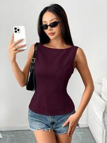 Rafferiza Halloween Solid Color Fitted Sleeveless Open Back Tie Up Bow Camisole Top, Elegant Casual Sexy Minimalist Office Business Wear, Spring/Summer Open Back Tops Bow Top Women Tie Back Top Classy Top - Burgundy - View 5