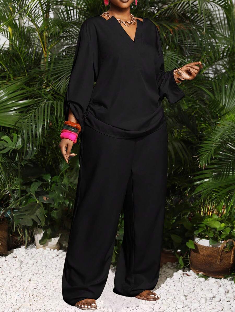 Slaydiva 两件套加大码女式休闲西式服装纯色露肩长袖上衣和裤子套装黑色裤装女式黑色两件套女式衬衫和裤子套装加大码裤装加大码两件套 - 黑色 - 查看 1