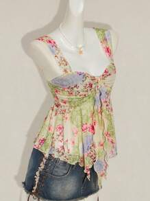 SHEIN ICON Women's Vacation Floral Print Pleated Fashion Camisole 4th Of July Women Outfits Cute Summer Tops Going Out Tops