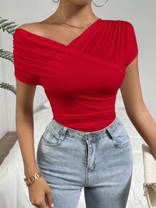 Firerie Tricou elegant pentru femei, culoare solidă, cu guler asimetric, înfășurat, de vară - roșu - Vizualizare 4