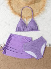 SHEIN Tween Girls 3pcs/Set Striped Knit Tankini Swimsuit Top, Bottom And Skirt, Elegant And Fashionable, Suitable For Swimming, Vacation And Summer - Purple - View 6