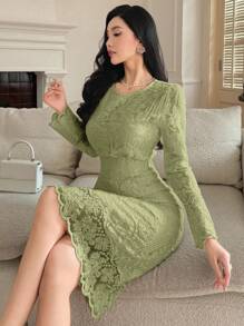 DAZY Vestido largo con superposición de encaje, elegante y con estilo de celebridad, vestido largo de manga larga para otoño - Verde Pastel - Ver 3