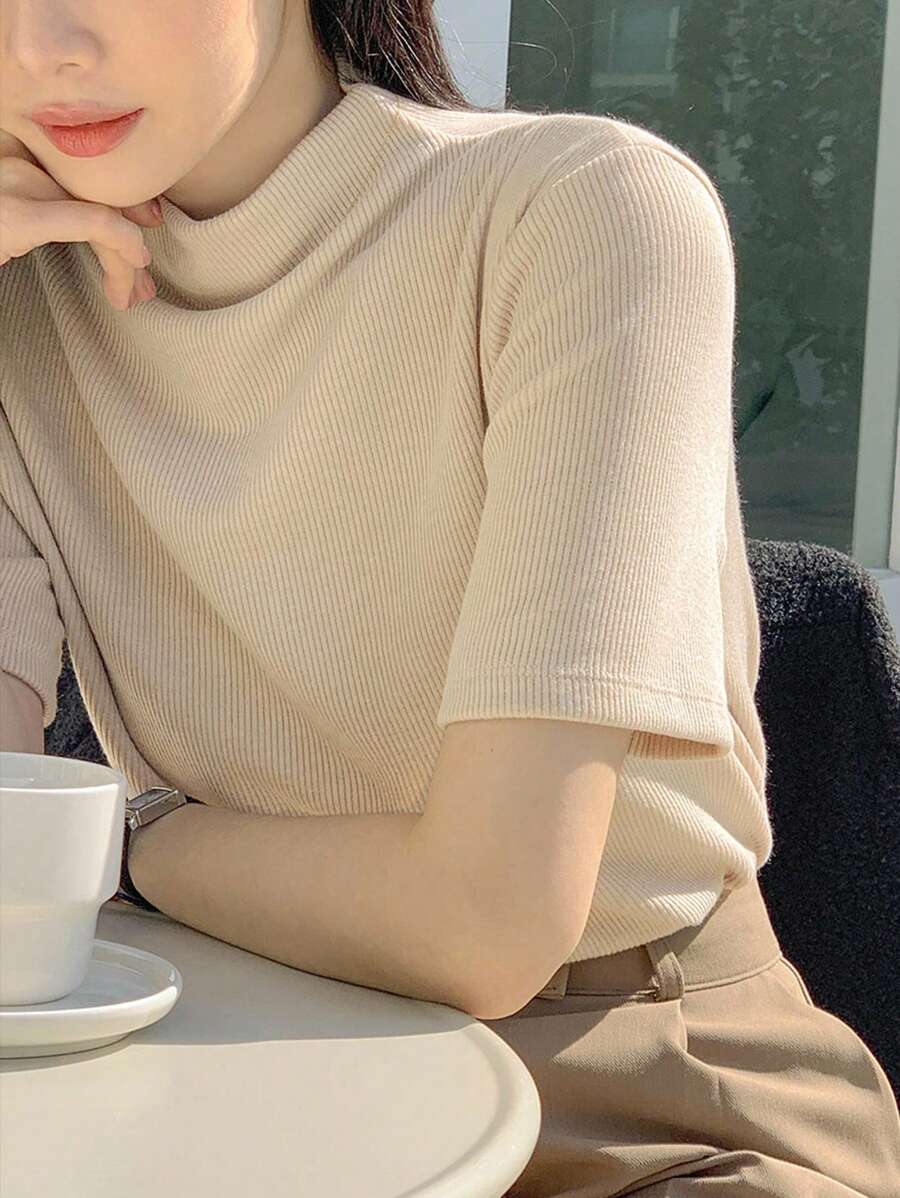 DAZY Camiseta de manga corta de unicolor, diseño suelto de cuello semielastizado minimalista para mujeres - Albaricoque - Ver 1
